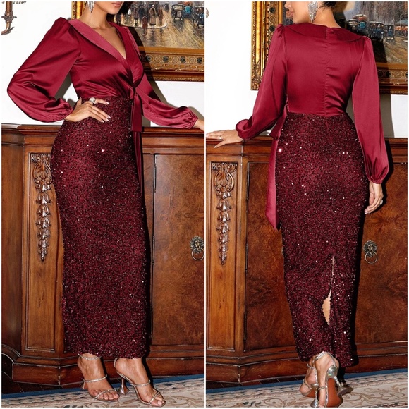 Luxe Satin Sequin Holiday Party Evening Formal Dress - Picture 2 of 9